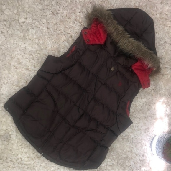 U.S. POLO Assn. Brown Puffer Vet w Removable Faux Fur Hood | Size L - Picture 3 of 10